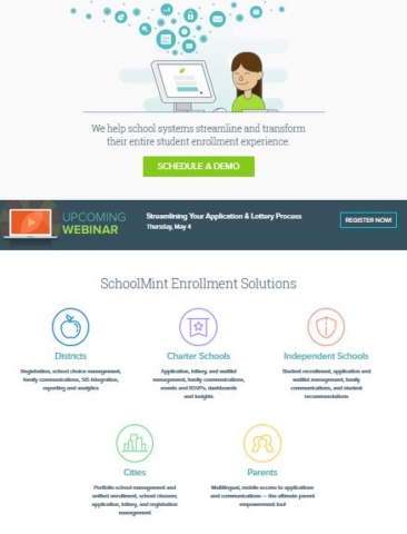 schoolmint home page middle section listing 5 solutions by market